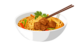 Delicious Noodles with Beef and Vegetables Served in a Bowl with Chopsticks isolated on transparent background png