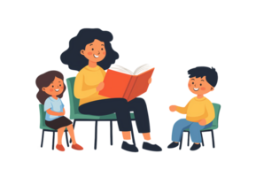 A teacher reading a storybook to a group of children isolated on transparent background png