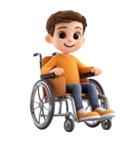 3d smiling cartoon character with wheelchair isolated on transparent background png