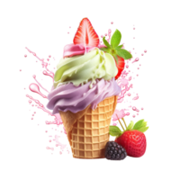 Triple Scoop Ice Cream Cone with Berries and Fruits png