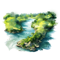 3D Rendered River Landscape with Trees and a Flowing Water Path png