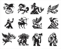 Set of Mythical Creatures illustrations in black and white vector