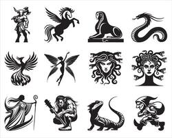 collection of Mythical Creatures illustration in black and white vector