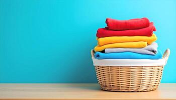 A Laundry Basket Filled With Neatly Folded Colorful Clothes photo