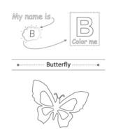 Color the letter and picture. Educational children game. Coloring alphabet. Letter B and cute butterfly. vector