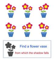 Educational game for kids. Task for attentiveness. Find a flower vase from which the shadow falls. illustration. vector