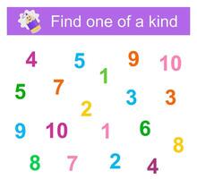 Educational activity game for kids of Find One of a Kind. Number range up to 10. illustration vector