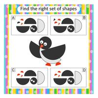 Logic puzzle for children. Find the correct set of cartoon penguin. Answer is D. vector