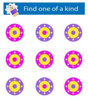 Puzzle game for children. Task for development of attention and logic. Need to find one of a kind circle. illustration vector