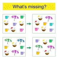 Puzzle game. Find the missing object. illustration of mug, coconut, umbrella. vector