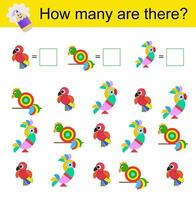 Math activity for kids. Developing numeracy skills. Cartoon parrots. vector