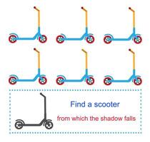 Educational game for kids. Task for attentiveness. Find a scooter from which the shadow falls. illustration. vector