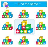Puzzle game. Fun educational material for kids. Need to find same group of cubes. vector