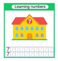 Preschool worksheet activity. Tracing dashed lines. Number worksheets for kids to practice writing the numbers. Number 7. vector