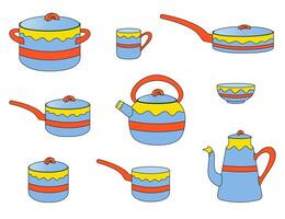Set of cartoon cooking pots, saucepan, skillet, mug, bowl, jug. Isolated cookware with cute pattern on white background. Kids desing. image 3D vector