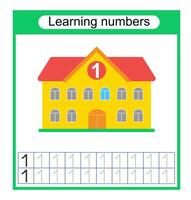 Preschool worksheet activity. Tracing dashed lines. Number worksheets for kids to practice writing the numbers. Number 1. vector