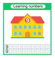 Preschool worksheet activity. Tracing dashed lines. Number worksheets for kids to practice writing the numbers. Number 9. vector
