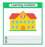 Preschool worksheet activity. Tracing dashed lines. Number worksheets for kids to practice writing the numbers. Number 8. vector