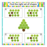 Logic puzzle for children. Find the correct set of cartoon Christmas tree. Answer is C. vector