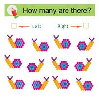Math activity for kids. Developing numeracy skills. Cartoon snail vector