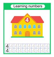 Preschool worksheet activity. Tracing dashed lines. Number worksheets for kids to practice writing the numbers. Number 4. vector