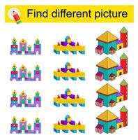 Fun puzzle game for children. Find the odd one in the group. illustration of cartoon palace, pyramid. vector