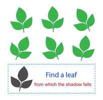 Educational game for kids. Task for attentiveness. Find a leaf from which the shadow falls vector