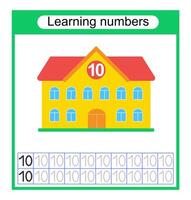 Preschool worksheet activity. Tracing dashed lines. Number worksheets for kids to practice writing the numbers. Number 10. vector