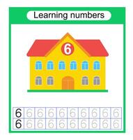Preschool worksheet activity. Tracing dashed lines. Number worksheets for kids to practice writing the numbers. Number 6. . vector