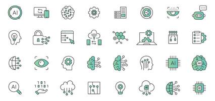 Artificial intelligence icon set. Containing machine learning, data science, AI, virtual assistant, , technology icons collection vector