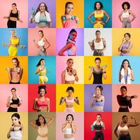 A vibrant collage showcases women exercising with dumbbells. They display confidence and enthusiasm, set against bright pastel backgrounds during a fitness event. photo