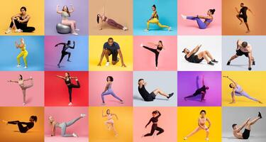 A diverse group of athletes performs a range of workout routines against colorful backgrounds. Each athlete is engaged in exercises highlighting strength, flexibility, and coordination. photo