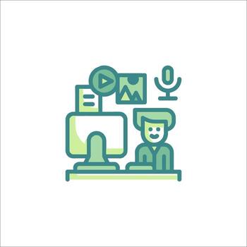 un hombre sentado a un computadora con un micrófono y un micrófono icono vector