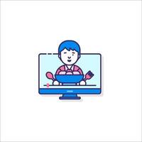 A man is sitting in front of a computer screen with a woman on the screen vector