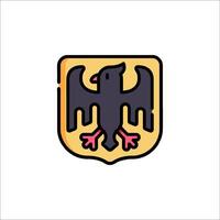 A black and yellow bird on a shield with a red and pink feather vector