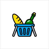 A basket with bread and a bottle of wine vector