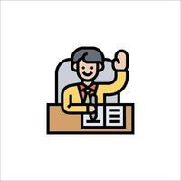 A man sitting at a desk with a pen and a hand up vector