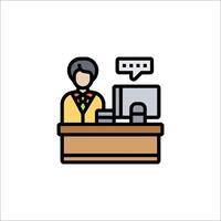 A woman at a desk with a computer and a speech bubble vector