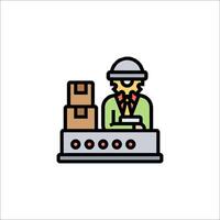 A man in a helmet and hat is working on a computer vector