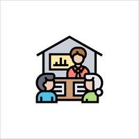 a house with people sitting at a table and a man standing in front of it vector