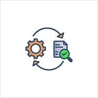 a line icon of a document with a magnifying glass and a gear vector