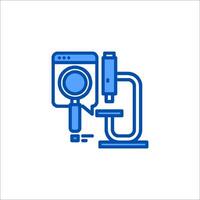 a blue icon of a microscope and a computer vector