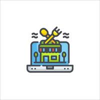 A restaurant icon with a fork and knife on top of a laptop vector