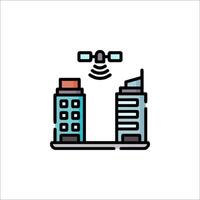 A city skyline with a drone flying over it vector