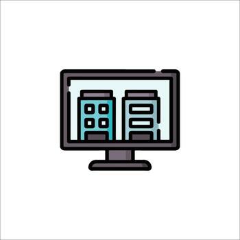 A computer monitor with two buildings on it vector