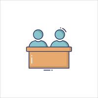 Two people sitting at a desk with a table in the background vector