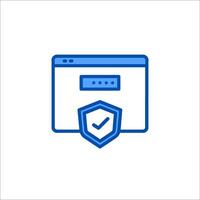 A blue icon of a computer screen with a shield and a check mark vector