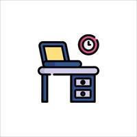 A desk with a laptop and clock on it vector