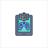 A tablet with a cube and a controller on it vector