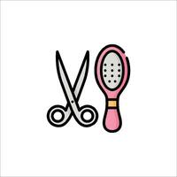 A pair of scissors and a comb are shown in a line vector